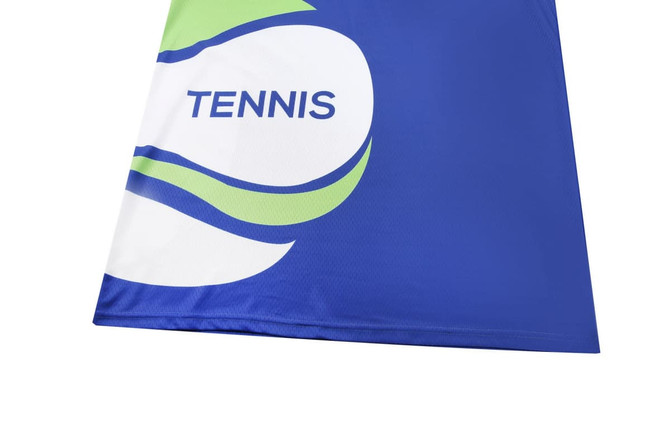 A blue tennis team uniform featuring a green and white design with a logo.