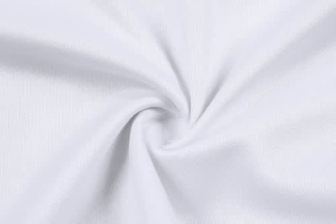 A close-up of white fabric, featuring a smooth texture with a slight twist. The material is lightweight and breathable.