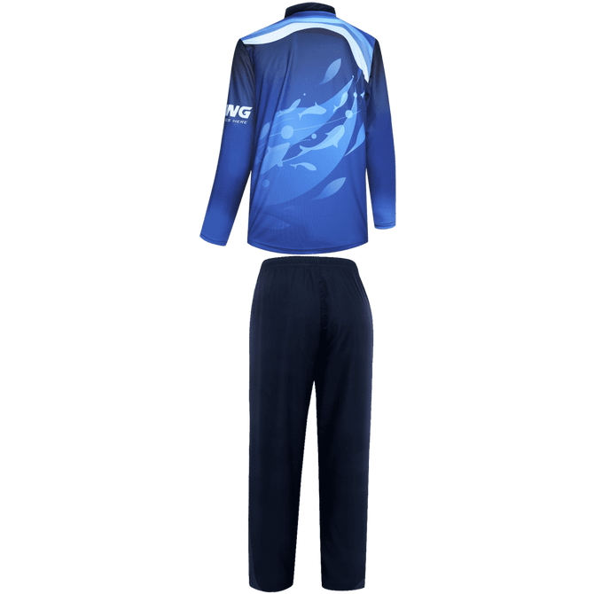 A blue fishing uniform featuring a graphic design, with a long-sleeved top and matching trousers. It has a logo.