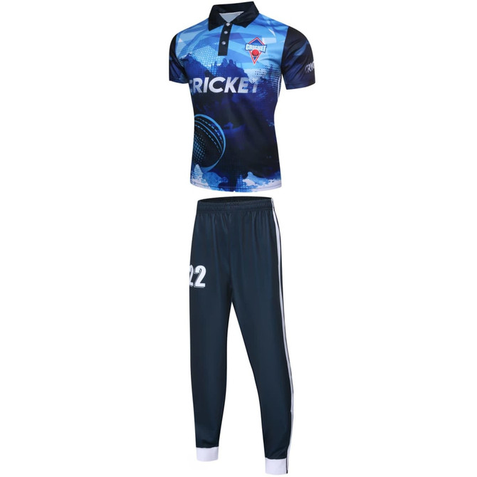A blue and navy sports uniform comprising a short-sleeved jersey with a collar and matching pants, featuring branding.