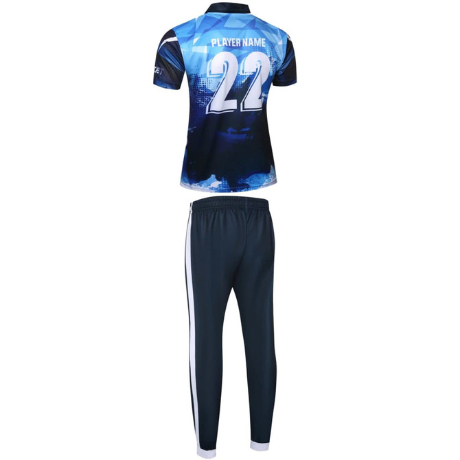 A cricket uniform featuring a blue and navy jersey and matching pants, complete with a logo and player number.