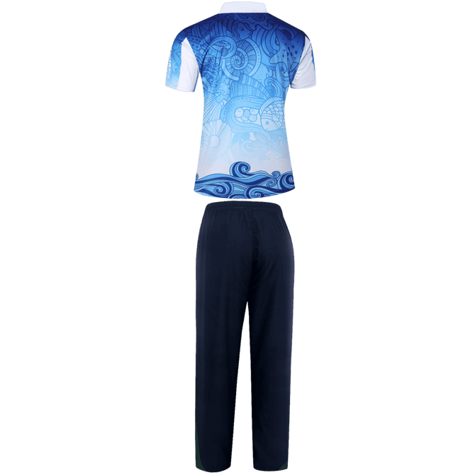 A blue and white fishing team uniform consisting of a short-sleeved jersey and dark navy pants, featuring a wave pattern.