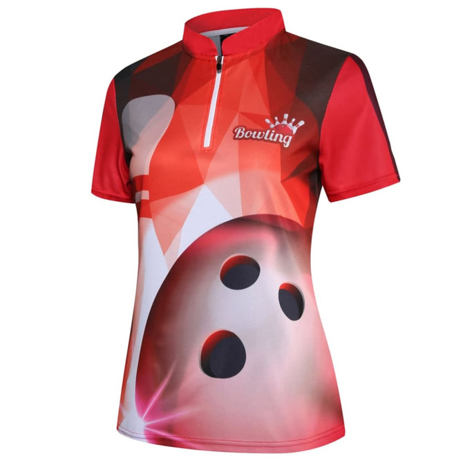 A red and black short-sleeve bowling shirt featuring a graphic design and a logo.