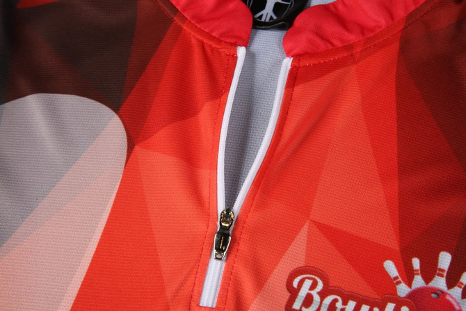 A red and grey bowling team shirt featuring a zip and a logo on the collar.