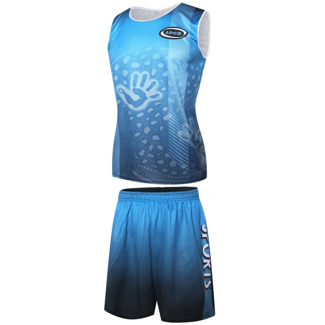 A blue athletics uniform featuring a tank top and shorts, with a logo and a distinctive handprint pattern.