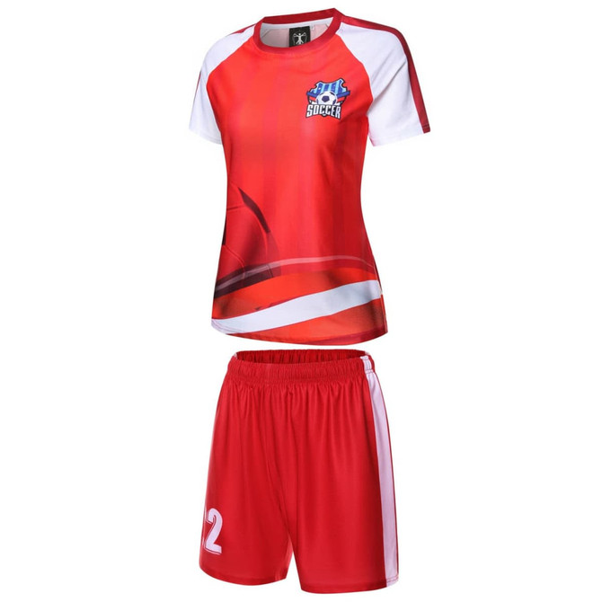 A red soccer uniform consisting of a jersey and shorts, featuring a logo and white accents.
