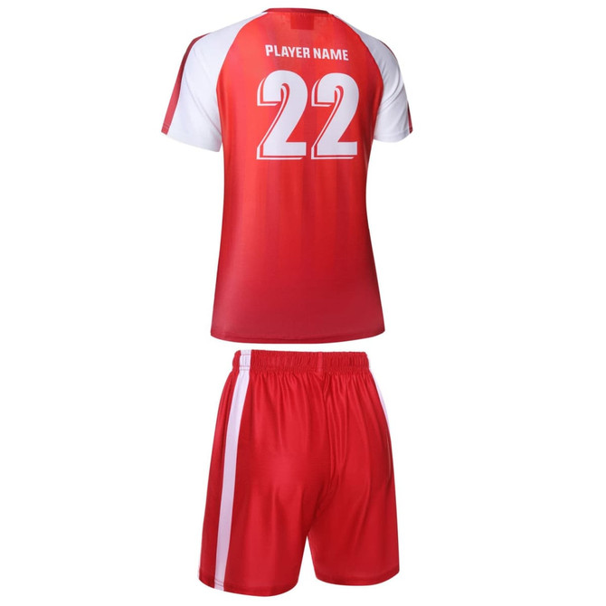 A red soccer uniform featuring a jersey and shorts, with white accents and a logo on the shirt.