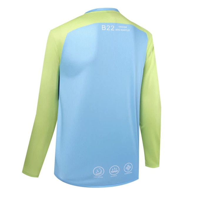 A long-sleeved t-shirt in light blue and green featuring a logo on the back.