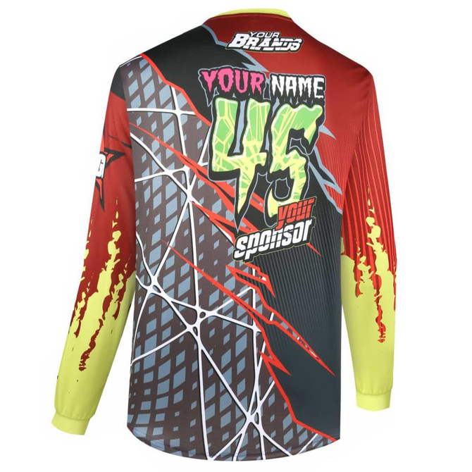 A long-sleeve BMX club jersey in red, yellow, and green with an abstract design and a logo.