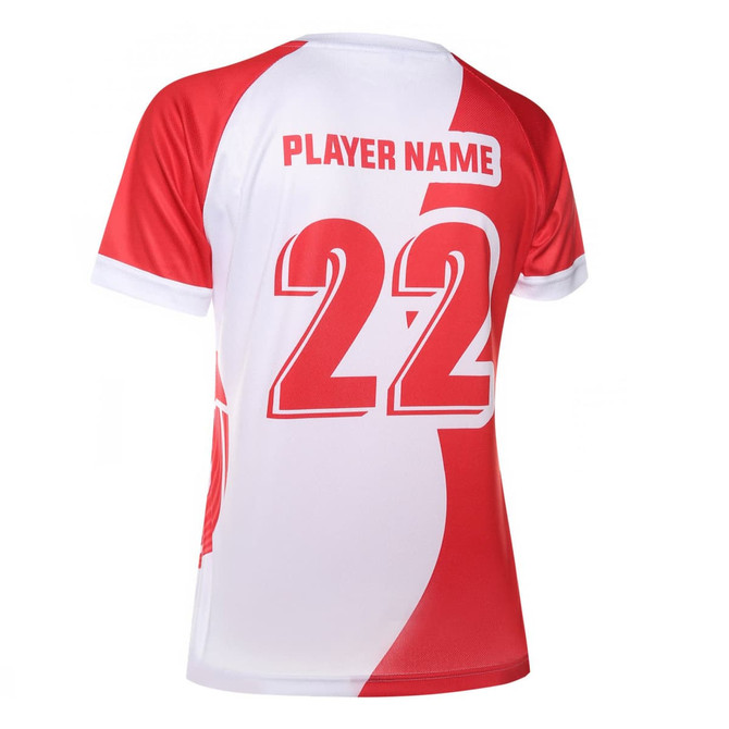 A women's volleyball uniform t-shirt featuring red and white colours with a number 22 on the back and a logo.