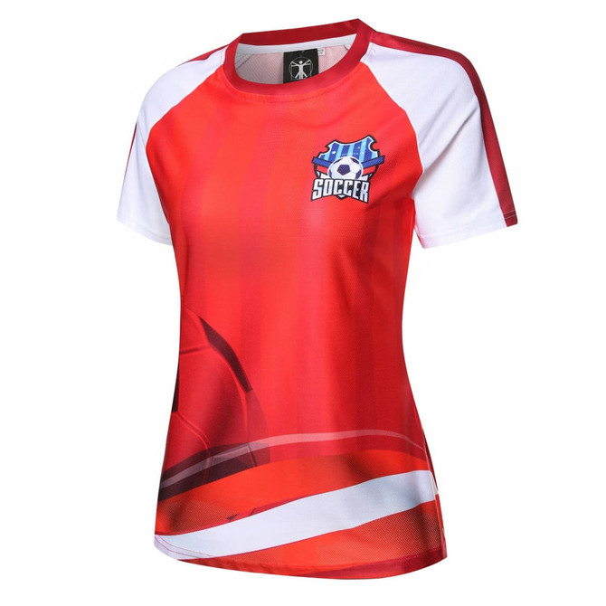 A red women's soccer tee featuring a graphic design and a logo. The shirt has white accents on the sleeves.