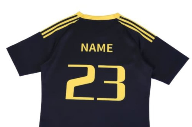 A navy blue hoodie with yellow accents, featuring a logo and the number 23 on the back.