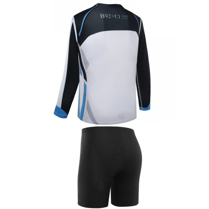 A sports tracksuit in white, black, and blue featuring a long-sleeved top and black shorts; includes a logo.