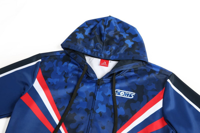 A blue hoodie with a camouflage pattern, featuring red and white stripes and a logo on the front.