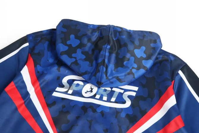 A blue hoodie featuring a camouflage pattern, with red and white stripes and a logo on the back.