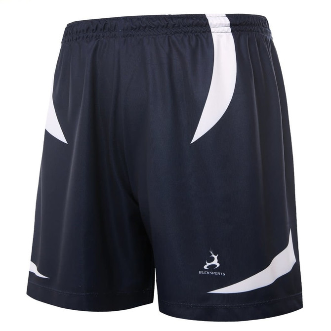 A pair of navy shorts featuring white design elements and a logo.