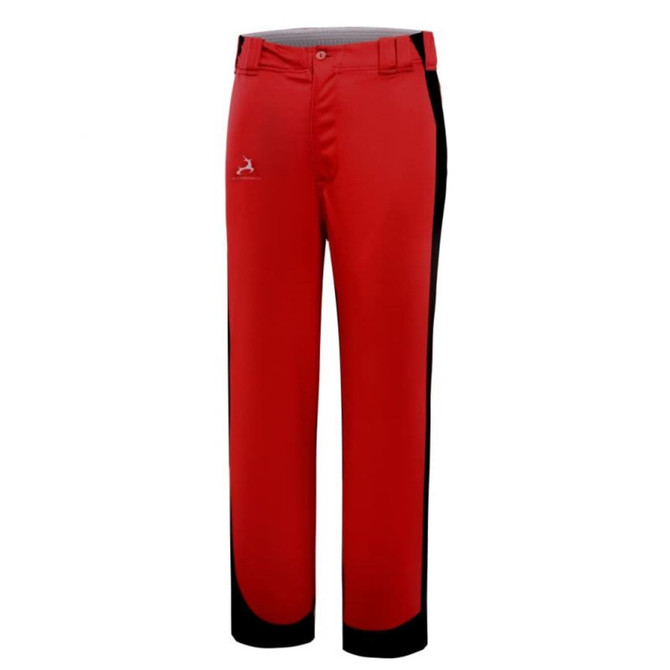 Red and black baseball pants with a logo on the front, featuring a classic fit and straight legs.