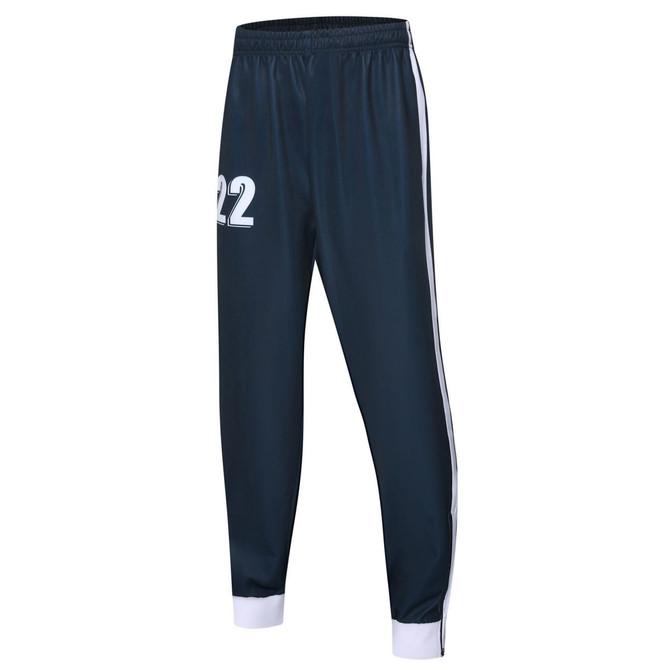 Navy cricket uniform pants with white side stripes and a number on one leg. Includes a logo on the waistband.