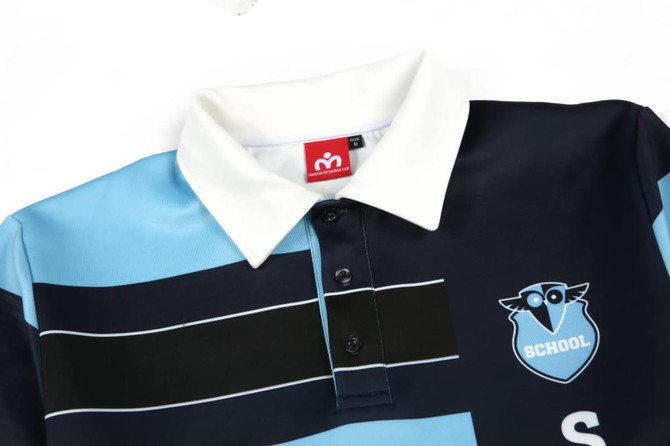 A polo shirt featuring light blue and dark blue stripes, with a white collar and a logo on the front.