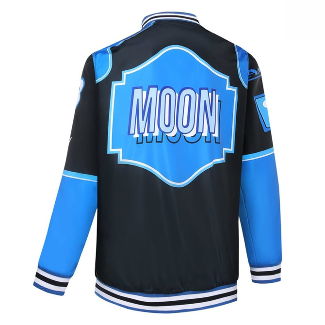 A reversible varsity jacket featuring a blue and black design, with a prominent logo on the back.