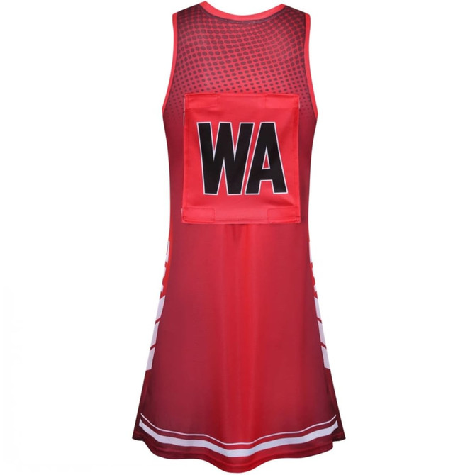A red netball dress with mesh detailing and a central pocket featuring a black logo. Suitable for sports uniforms.