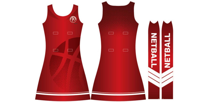 A red netball dress featuring a basketball graphic, with a logo and a branded design on the sides.
