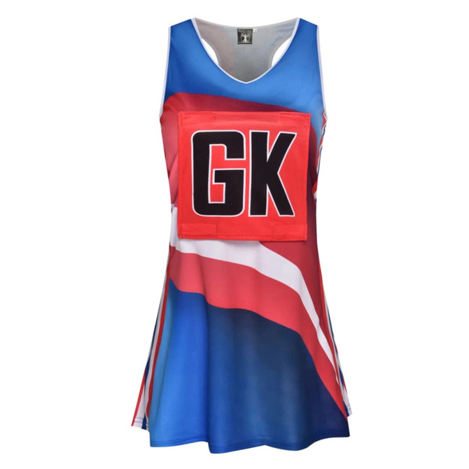 A netball dress in red, white and blue featuring a logo, designed for the GK position.