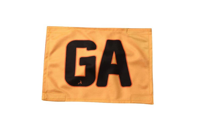 A yellow netball cap sleeve featuring the letters "GA" in bold black. Includes a logo on the design.