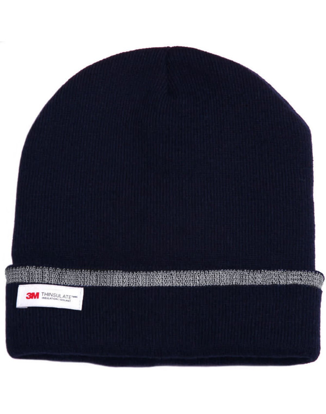 A Thinsulated cuff beanie in navy blue with a reflective band and a branded label.
