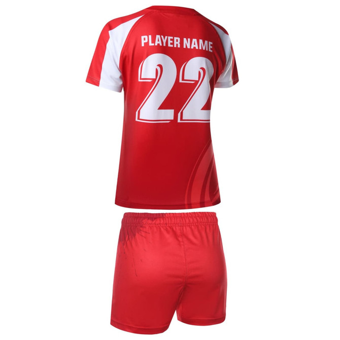 A red rugby uniform featuring a short-sleeve top with white accents and matching shorts, along with a logo.