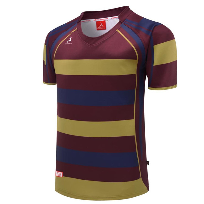 A rugby tee in maroon and green stripes, featuring a sporty design and a logo. Suitable for player fit.
