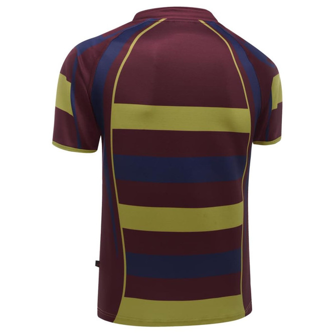 A rugby tee in maroon, green, and blue stripes with a fitted back design. The garment features a logo.