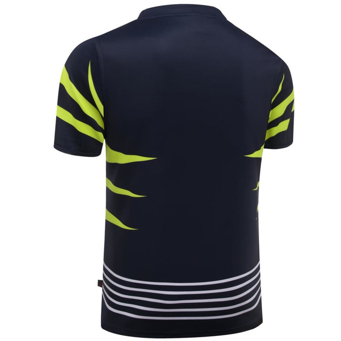A navy rugby tee with vibrant yellow accents and horizontal stripes at the hem. It features a logo.