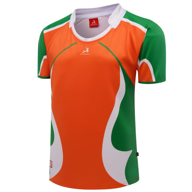 A rugby tee in vibrant orange and green, featuring a stylish design and a logo on the front.