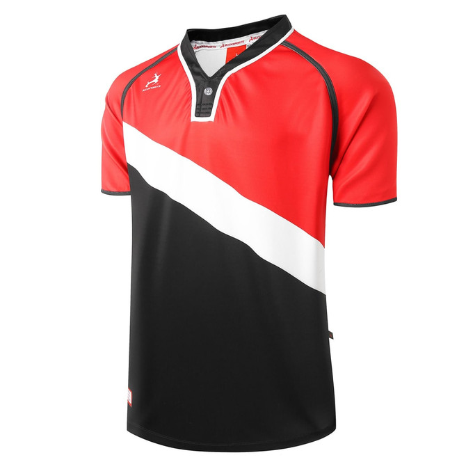 A rugby tee in red, black, and white featuring a standard fit and a collar with a button. It has a logo.