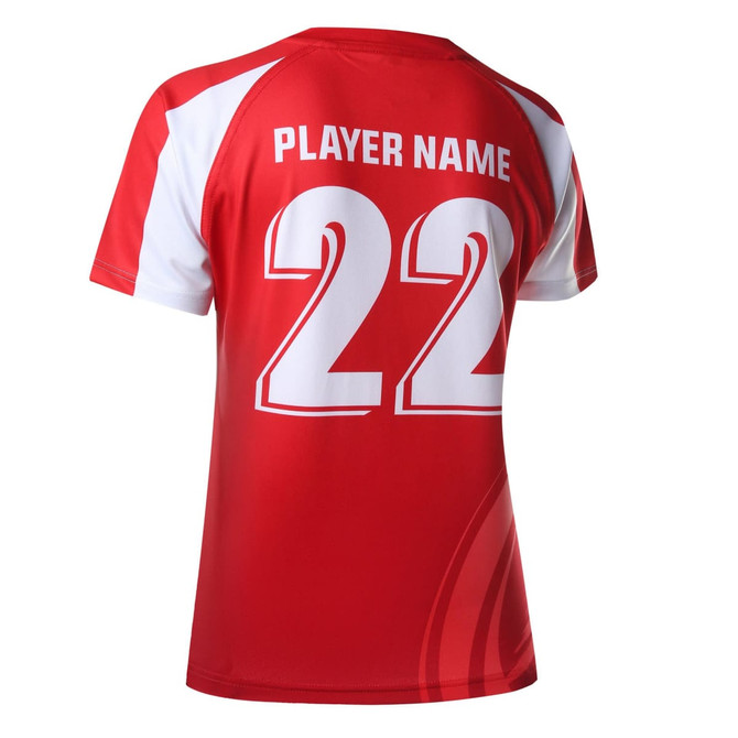 A red rugby uniform top for women with white accents and a logo on the front. The back features the number 22.