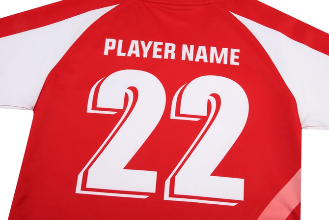 A women's rugby uniform top in red and white featuring a number 22 and a logo.