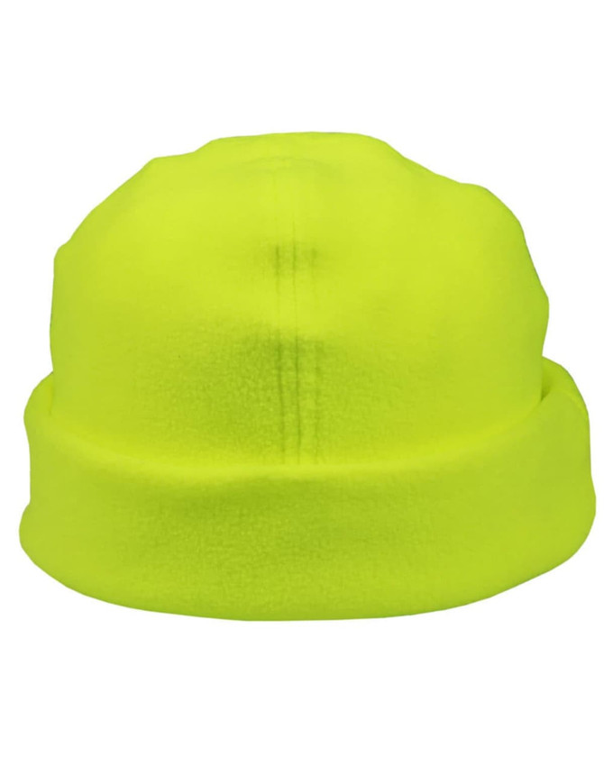 A bright yellow polar fleece beanie with a folded cuff. It features a branding logo.