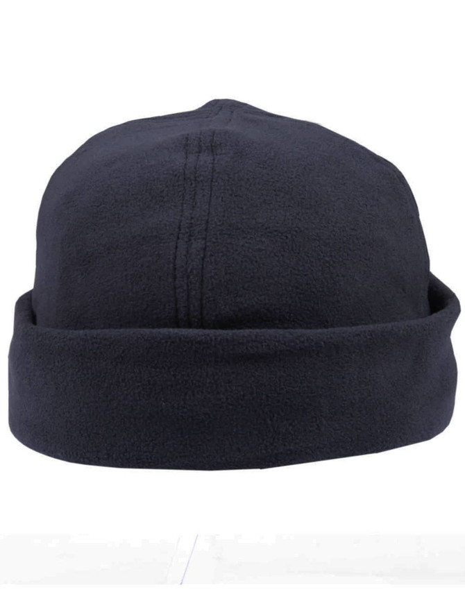 A dark navy polar fleece beanie with a rolled cuff and stitching details, featuring a logo.