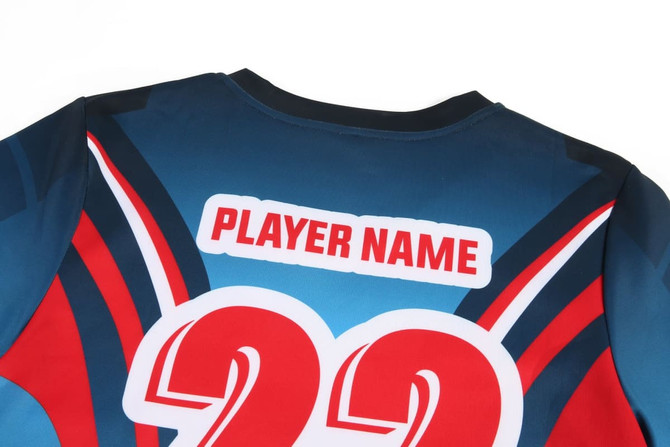 A rugby uniform top for men featuring a blue gradient design, red and white accents, and a logo.