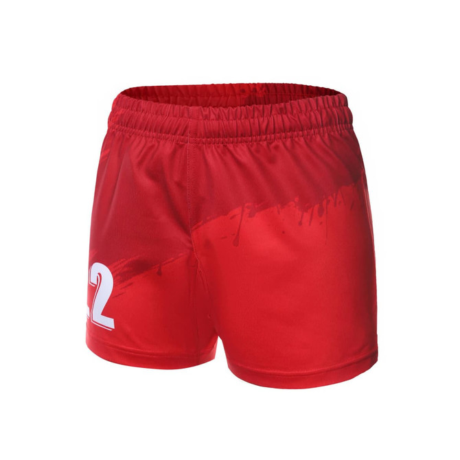 Red rugby uniform women's shorts with a gradient design and a logo on the front.