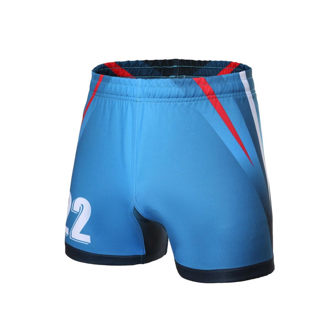RUGBY UNIFORM MAN SHORTS in blue with red and white design elements, featuring a logo and a number 22.