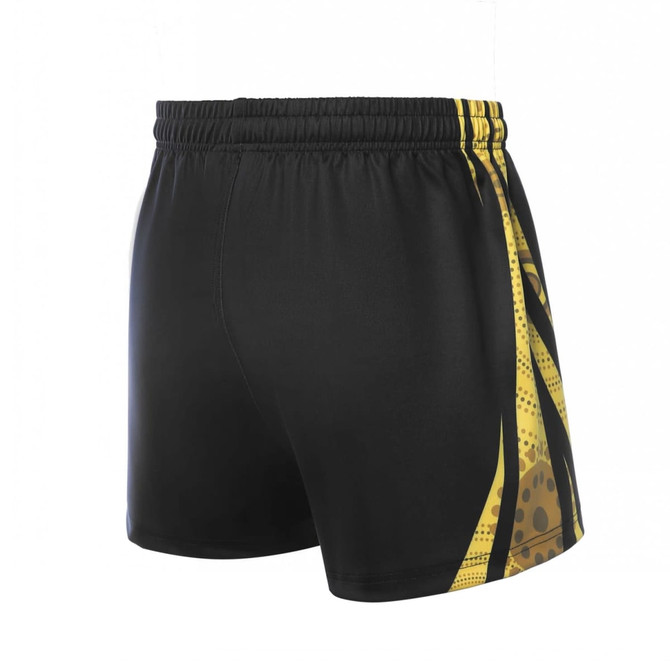 Black shorts with yellow and brown patterned detailing, featuring an elastic waistband and a logo.