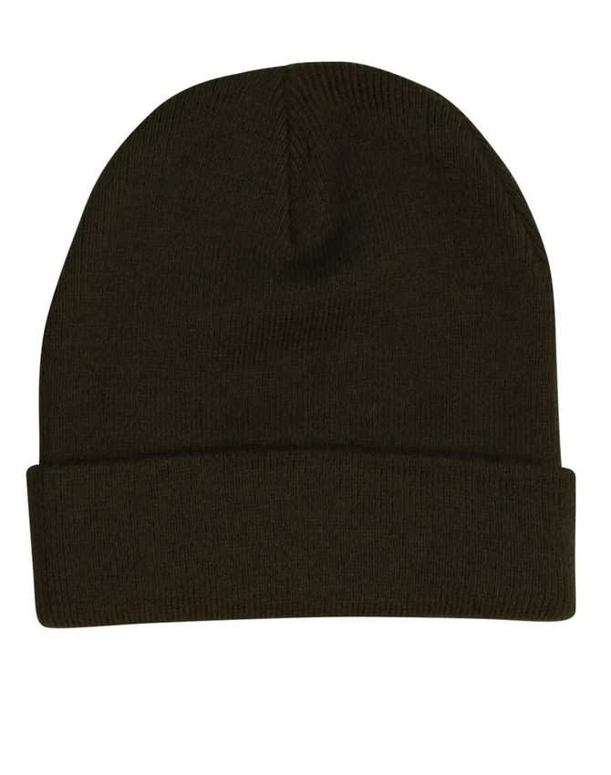 An acrylic beanie in dark green with a ribbed design and folded brim. It features a logo on the side.