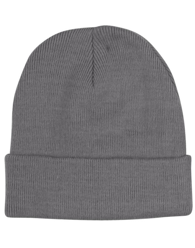 A grey acrylic beanie with a ribbed texture and a folded cuff, featuring a logo.