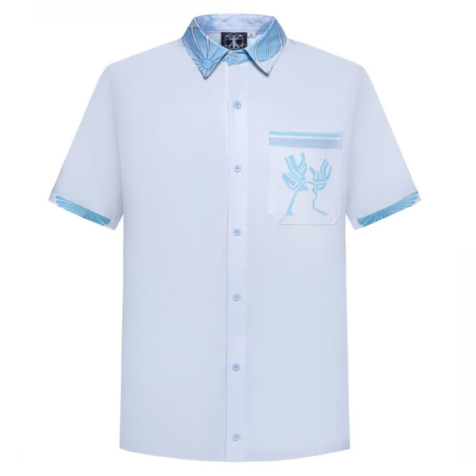 Short-sleeved light blue school wear shirt featuring a patterned collar and a front pocket with a logo.