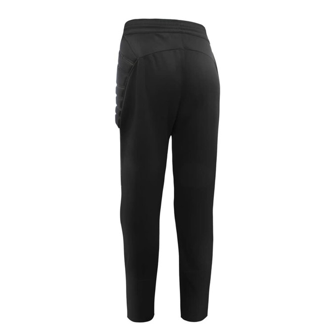 Black soccer goalkeeper pants featuring a tapered fit and an elastic waistband. Includes a logo on the garment.