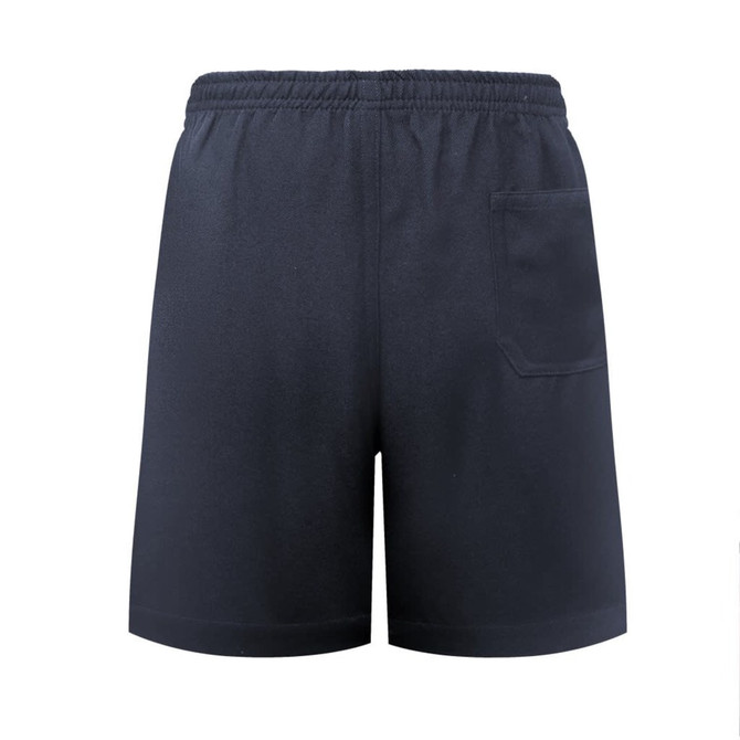 A pair of navy blue shorts featuring an elastic waistband and a back pocket. The item has a logo on it.