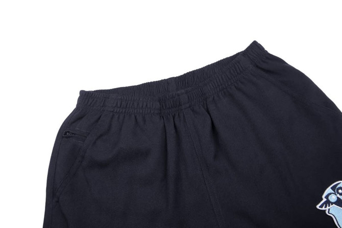 Black shorts featuring an elastic waistband and a graphic design on the side. The shorts have a pocket detail.