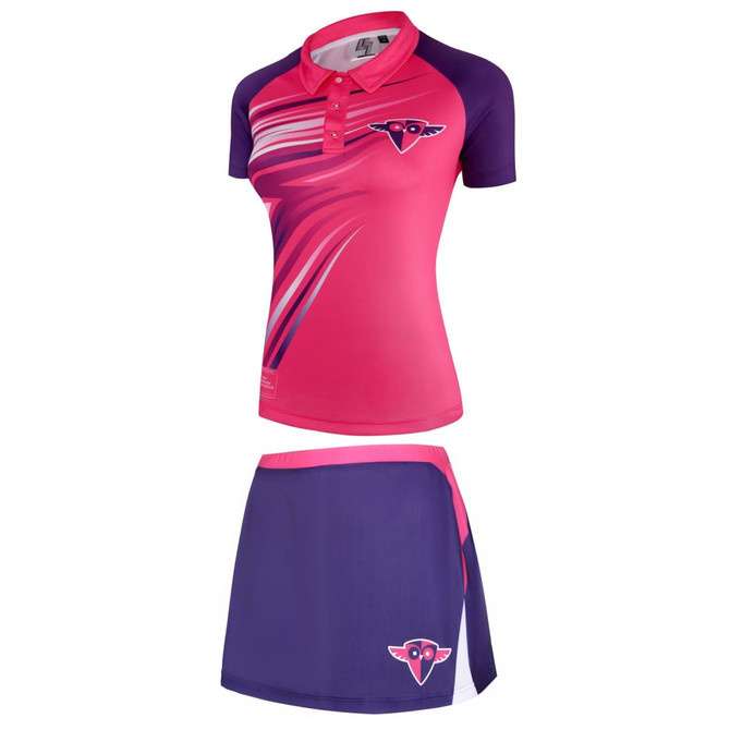A pink and purple sports outfit featuring a polo shirt and a skirt, with a logo on both pieces.